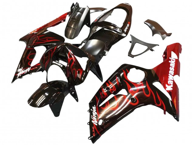 2003-2004 Kawasaki ZX6R Motorcycle Fairings - Glossy Black Red Flame