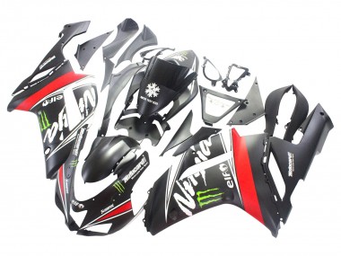 Custom 2007-2008 Kawasaki ZX6R Motorcycle Fairings - Black White Red with White Snow Decal Ninja Elf