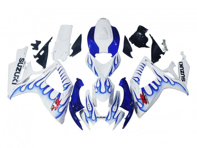 2006-2007 Suzuki GSXR 600 / GSXR 750 Motorcycle Fairings - White Blue Flame