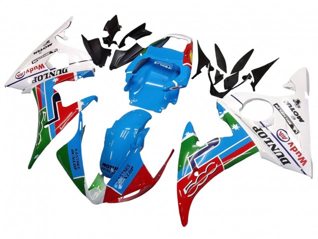 2006-2009 Yamaha YZF R6S Motorcycle Fairings - White Blue Green Red Kastinee Dunlop Motul
