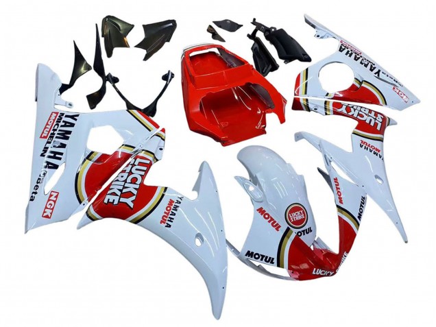 2003-2004 Yamaha YZF R6 Motorcycle Fairings - White Red Lucky Strike Motul
