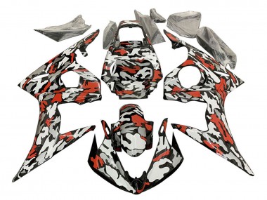 Custom 2003-2004 Yamaha YZF R6 Motorcycle Fairings - Black Red Grey Camouflage