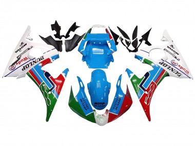 Custom 2005 Yamaha YZF 600 R6 Motorcycle Fairings - Light Blue White Green Red Kastinee Dunlop Motul