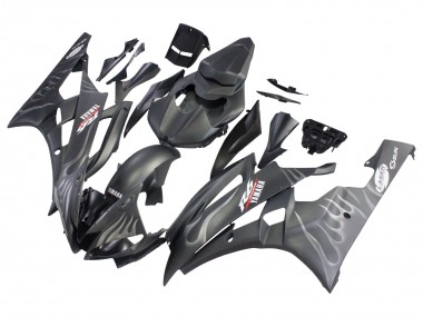 Custom 2006-2007 Yamaha YZF 600 R6 Motorcycle Fairings - Matte Black Silver Flame