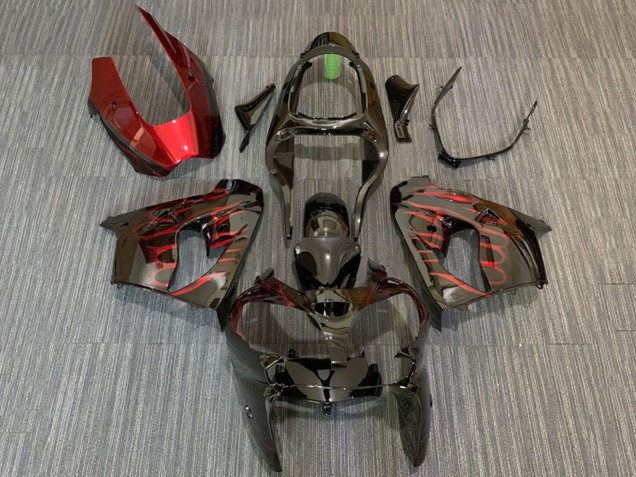 2000-2001 Kawasaki ZX9R Motorcycle Fairings - Glossy Black Red Flame