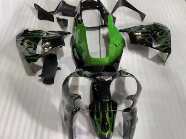 Custom 2002-2003 Kawasaki ZX9R Motorcycle Fairings - Glossy Black Green Flame