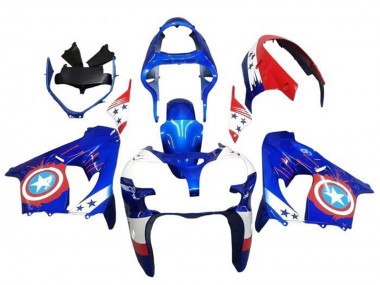 Custom 2002-2003 Kawasaki ZX9R Motorcycle Fairings - Blue White Red Captain America Star