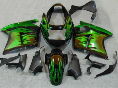 Custom 1996-2007 Honda CBR1100XX Blackbird Motorcycle Fairings - Glossy Black Green Flame