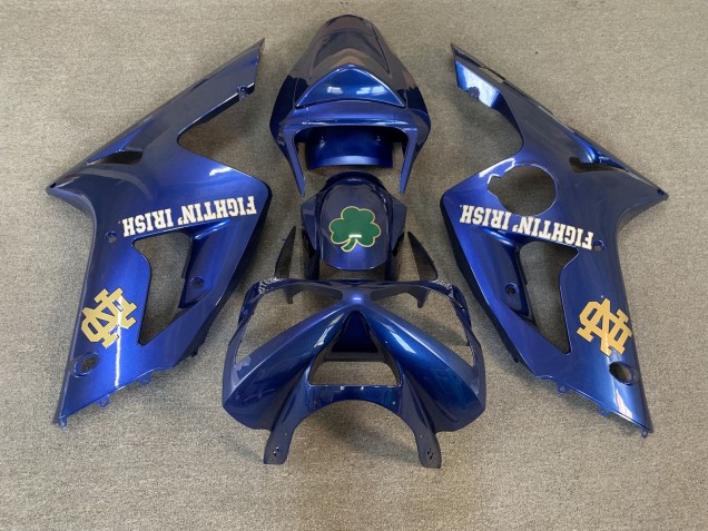 2003-2004 Kawasaki ZX6R Motorcycle Fairings - Blue Green Gold White Fighting Irish