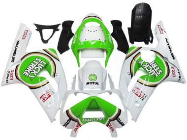 Custom 2003-2004 Kawasaki ZX6R Motorcycle Fairings - White Green Motul Lucky Strike