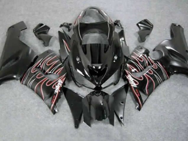 2005-2006 Kawasaki ZX6R Motorcycle Fairings - Glossy Black Red White Flame