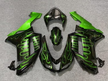 Custom 2007-2008 Kawasaki ZX6R Motorcycle Fairings - Black Green Flame