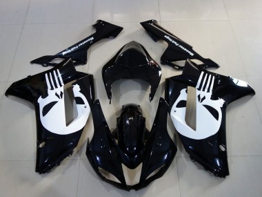 Custom 2007-2008 Kawasaki ZX6R Motorcycle Fairings - Black White Skull