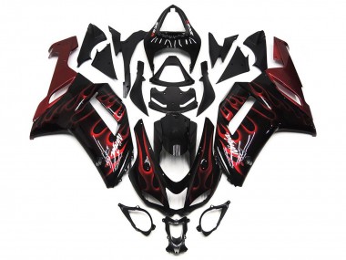 Custom 2007-2008 Kawasaki ZX6R Motorcycle Fairings - Black White Red Flame
