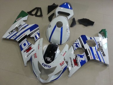 Custom 2004-2005 Suzuki GSXR 600 / GSXR 750 Motorcycle Fairings - White Blue Black Green Tyco