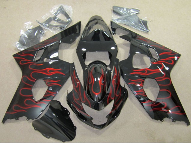 2004-2005 Glossy Black Red Flame Suzuki GSXR 600 Motorcycle Fairings