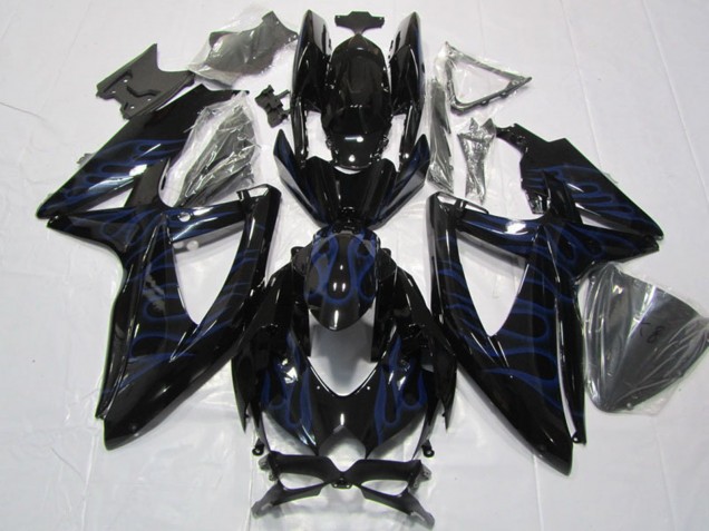 2008-2010 Glossy Black Blue Flame Suzuki GSXR 600 Motorcycle Fairings