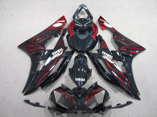 2006-2007 Glossy Black Red Flame Yamaha YZF R6 Motorcycle Fairings