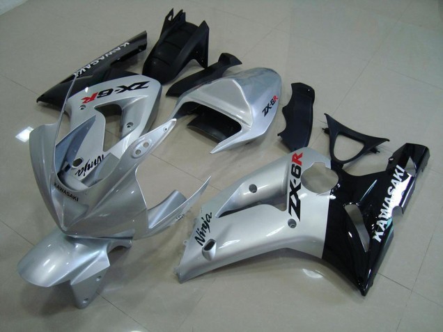 Custom 2003-2004 Silver Black Kawasaki ZX6R Motorcycle Fairing Kit Custom 2003-2004 Silver Black Kawasaki ZX6R Motorcycle Fairing Kit