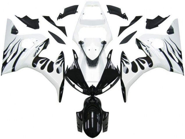 Custom 2003-2005 White Flame Black Yamaha YZF R6 Motorcycle Fairings Kits Custom 2003-2005 White Flame Black Yamaha YZF R6 Motorcycle Fairings Kits