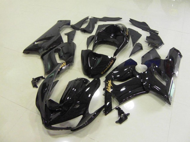 Custom 2005-2006 Glossy Black Gold Decals Kawasaki ZX6R Motorcycle Fairings Kits Custom 2005-2006 Glossy Black Gold Decals Kawasaki ZX6R Motorcycle Fairings Kits