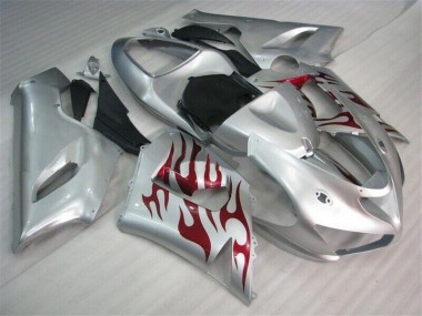 Aftermarket 2005-2006 Silver Red Flames Kawasaki ZX6R Motorcycle Fairings