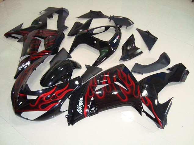 Custom 2006-2007 Black Red Flame Kawasaki ZX10R Moto Fairings Custom 2006-2007 Black Red Flame Kawasaki ZX10R Moto Fairings