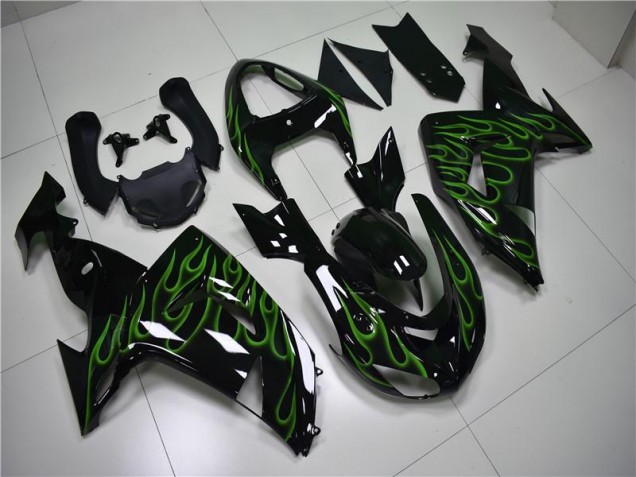 Custom 2006-2007 Black Green Flame Kawasaki ZX10R Motorcycle Fairing