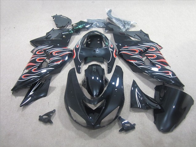 Custom 2006-2007 Black White Red Flame Kawasaki ZX10R Motorbike Fairing Custom 2006-2007 Black White Red Flame Kawasaki ZX10R Motorbike Fairing
