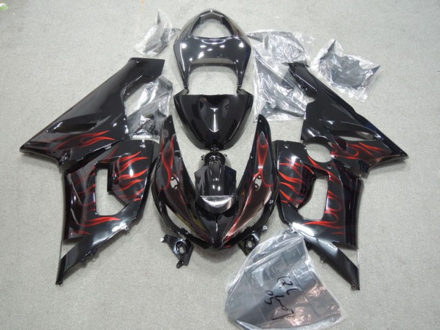 Custom 2005-2006 Black Red Flame Kawasaki ZX6R Moto Fairings Custom 2005-2006 Black Red Flame Kawasaki ZX6R Moto Fairings