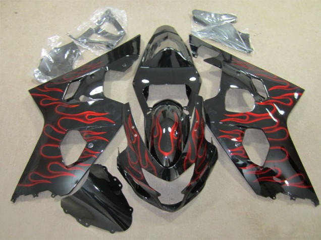 Custom 2004-2005 Black Red Flame Suzuki GSXR600 Replacement Fairings Custom 2004-2005 Black Red Flame Suzuki GSXR600 Replacement Fairings