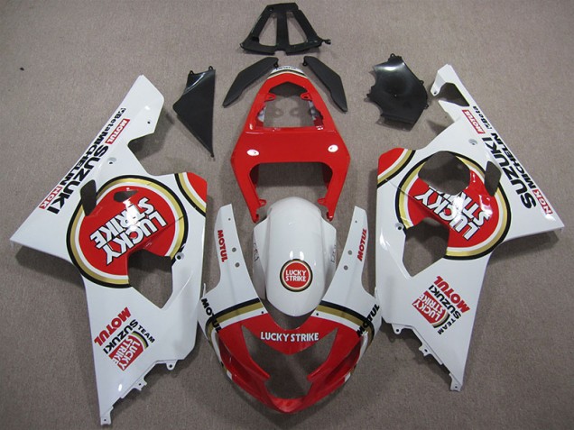 Custom 2004-2005 Red White Lucky Strike Motul Suzuki GSXR600 Motorcycle Replacement Fairings Custom 2004-2005 Red White Lucky Strike Motul Suzuki GSXR600 Motorcycle Replacement Fairings