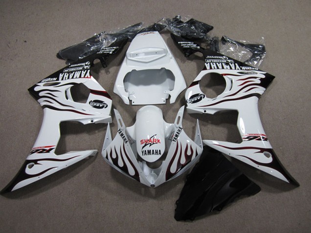 Custom 2003-2005 White Black Flame Shark Yamaha YZF R6 Replacement Fairings Custom 2003-2005 White Black Flame Shark Yamaha YZF R6 Replacement Fairings